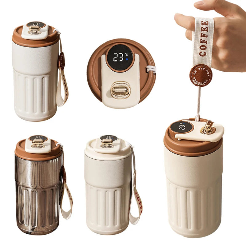 Smart Digital Thermal Coffee Mug – Portable Stainless Steel Insulated Water Bottle, 450ml Vacuum Flask, Keep Cold In-Car