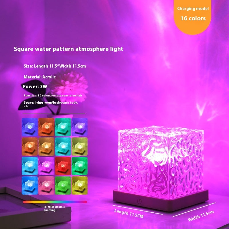 LED Water Ripple Night Light – USB Rotating Crystal Table Lamp, RGB Dimmable, 16 Color Ambient Decoration