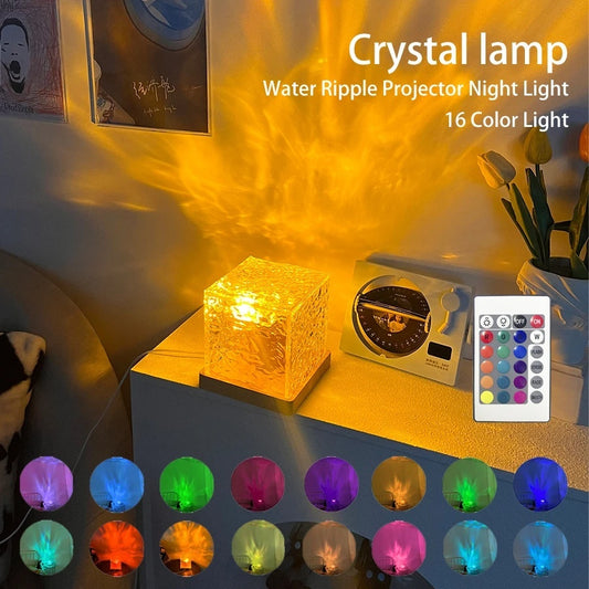 LED Water Ripple Night Light – USB Rotating Crystal Table Lamp, RGB Dimmable, 16 Color Ambient Decoration