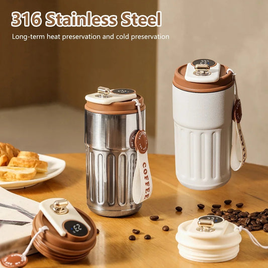 Smart Digital Thermal Coffee Mug – Portable Stainless Steel Insulated Water Bottle, 450ml Vacuum Flask, Keep Cold In-Car